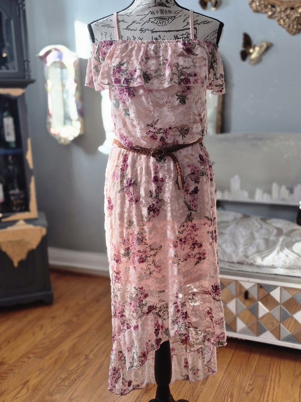 Barbiecore Romantic Pink Floral Lace Off-Shoulder Maxi Dress Medium